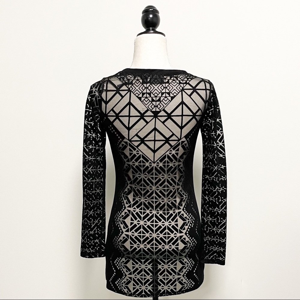 Nicole Miller Sheer Mesh Geometric Long Sleeve Top - Picture 6 of 10
